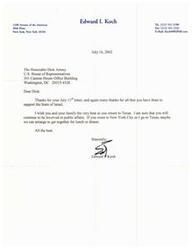 ["Edward I. Koch is thanking Dick Armey for his support of Israel and wishing him well as he returns to Texas. He suggests getting together for lunch or dinner if they are in the same area."]