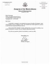 ["The document includes a letter from Congressman Dick Armey recommending Geoffrey M. Colander for a position with the Congressional Research Service. Judge Paul Pressler also wrote a letter of recommendation for Colander, highlighting his qualifications and work ethic. Colander's resume includes his education, legal experience, and leadership roles in various organizations. He is described as a hardworking attorney with strong principles and a desire to work in Washington."]