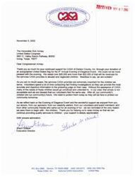 ["The document is a thank you to Congressman Dick Armey for his support of CASA of Denton County, Inc. The organization raised over $26,000 at their event, with most of the funds going towards providing services to abused and neglected children. The document emphasizes the importance of CASA's work in protecting and advocating for children in the community."]