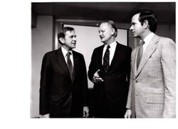 ["Dewey Bartlett standing with Ambassador Alonzo L. McDonald and H. John Heinz III, during a visit to the Tokyo Round Delegation in Geneva, Switzerland  - image 219"]