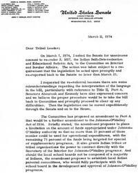 ["The Chairman of the United States Senate Committee on Interior and Insular Affairs is requesting tribal leaders to review and respond to proposed legislation regarding the Indian Self-Determination and Educational Reform Act. The proposed amendment to the Johnson-O'Malley Act of 1934 includes limitations on funds, direct contracting with the Secretary of the Interior, establishment of local Indian parental committees, and an increase in funds for education support for Indian children. The legislation must be responded to by March 25, 1974."]