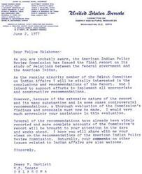 ["Senator Dewey F. Bartlett of Oklahoma is requesting assistance in evaluating the recommendations of the American Indian Policy Review Commission's final report on relations between the federal government and American Indians. He intends to support constructive recommendations and welcomes feedback on the report and other issues related to Indian affairs."]