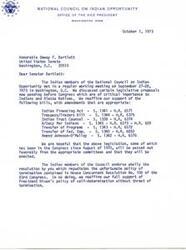 ["The National Council on Indian Opportunity met to discuss legislative proposals important to Indians and Alaska Natives. They reaffirmed their support for certain bills with amendments, endorsed a resolution repudiating the policy of termination, and made recommendations for greater Indian participation in a Commission. They expressed hope that the legislation would be passed favorably and offered their assistance to Senator Bartlett and the Committee."]