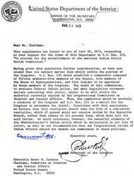 ["The Department of the Interior responds to a request for their views on a resolution to establish an American Indian Policy Review Commission. They believe that the subject matter falls within the authority of Congress and that the commission should be a creation of Congress. They emphasize the importance of not weakening the Administration's Indian policy, specifically highlighting the rejection of termination, support for legislative proposals, and consultation with Indian communities. They recommend that any Congressional review of Indian policy should not undermine these essential elements."]