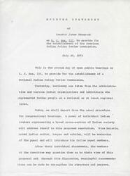 ["Senator James Abourezk is opening a public hearing on S. J. Res. 133, a resolution to establish a National Indian Policy Review Commission. The first day of hearings involved testimony from the Administration and various Indian organizations. The second day will feature a panel of individual Indian leaders discussing the resolution, moderated by Vine Deloria. The goal is to gather input and recommendations to strengthen the proposal."]