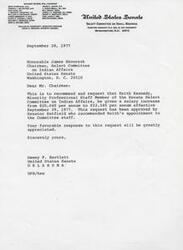 ["The document is a request to the Chairman of the Select Committee on Indian Affairs to approve a salary increase for Keith Kennedy, a Minority Professional Staff Member of the Committee, from $20,040 per annum to $22,545 per annum, effective September 29, 1977. The request has been approved by Senator Hatfield and the favorable response is greatly appreciated."]