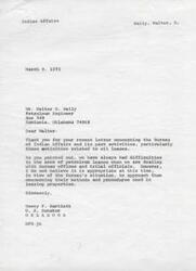 ["Walter E. Baily, a petroleum engineer, wrote to United States Senator Dewey Bartlett expressing his concerns about the Bureau of Indian Affairs and its handling of oil leases. Baily believes that the Bureau is not beneficial to Native Americans and that its operations are wasteful and inefficient. He cited specific examples of issues he has encountered with the Bureau's regulations and procedures. Senator Bartlett responded, acknowledging the difficulties Baily highlighted but expressing hesitance to address them at that time. Additionally, Bartlett instructed the Bureau's Muskogee office to follow up on Baily's situation."]