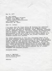 ["The document is a request from Dewey Bartlett, a United States Senator, to Dr. Ray Latham, Director of Indian Projects, for favorable consideration of a proposal submitted by the Creek Nation of Oklahoma for an alcohol treatment and guidance program for eight counties in Oklahoma. The proposal aims to serve approximately 20,000 Indian people, with 2,000 to 3,000 directly in need of the services. The Creek Nation does not currently have an alcohol treatment program, and the project is seeking funding of $100,000 to employ six or seven professional staff members. Claude A. Cox, Principal Chief of the Creek Nation, also expresses the need for support and funding for the proposal."]
