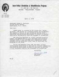 ["The Inter-Tribal Alcoholism & Rehabilitation Program in Miami, Oklahoma is a recovery house for alcoholics in need of a sheltered environment. The facility depends on USDA Institutional Donated Foods, but there are concerns that these commodities may not be available after June. The director, Tom Dowell, is reaching out to Senator Dewey F. Bartlett for possible assistance in ensuring continued access to these commodities for alcohol transitional facilities."]