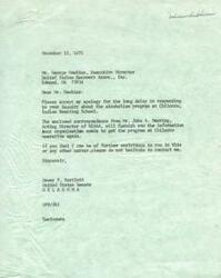 ["The document is addressing the delay in responding to an inquiry about the alcoholism program at Chilocco Indian Boarding School. It mentions that necessary paperwork for a grant transfer has not been returned and provides information on the steps being taken to evaluate the transfer request. The document also expresses concern about the program being stopped and requests assistance in getting the program back into operation."]