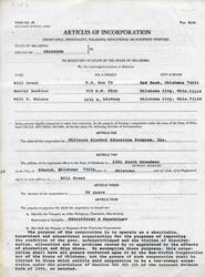 ["The document is the Articles of Incorporation for the Chilocco Alcohol Education Program, Inc., a charitable, benevolent, and educational organization in Oklahoma. It outlines the purpose of the corporation, its duration, the number of directors, and the distribution of assets in case of dissolution. The document is signed by the trustees and notarized by Betty Walker."]