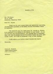 ["Mr. Pat Hayes from Anadarko, Oklahoma, sent a letter to Senator Dewey Bartlett regarding allegations of mismanagement at the Indian Alcohol Prevention Center. Dr. Morris E. Chafetz from the National Institute on Alcohol Abuse and Alcoholism confirmed the seriousness of the allegations and planned an evaluation visit to the center. Senator Bartlett forwarded the information to the National Institute on Alcohol Abuse and Alcoholism for further review and action. Hayes requested assistance in seeking reinstatement and back pay from the organization."]