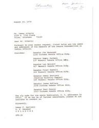 ["The document provides the names and addresses of the members of the Senate Subcommittee on Indian Affairs in response to a request. It includes the chairman and ranking minority member, along with their office locations in Washington, D.C. The document offers further assistance if needed."]