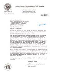 ["The document is in response to a query about the use and distribution of Indian judgment funds for the Cherokee tribe of Oklahoma. It provides information about the Delaware-Cherokee and Cherokee-Shawnee tribes, stating that the Shawnee tribe members were included on the final Cherokee roll as \"Adopted Shawnee.\" The response assures that the comments on the funds will be submitted for consideration at a hearing in April. Another letter attached is about a proposed Cherokee Constitution draft."]