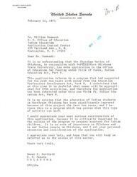 ["Dewey Bartlett writes to Dr. William Demmert requesting funding for a program that has been successful in improving the education of Indian students in Northeast Oklahoma. He emphasizes the importance of the program and asks for serious consideration of the application. E. Moses Frye sends a copy of the Cherokee Nation of Oklahoma's approved constitution to Donald Bluejacket, requesting a response within seven days for formal adoption."]