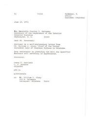 ["The document is from William C. Glory, Chief of the United Keetoowah Band of Cherokee Indians in Oklahoma, requesting the assistance of Senator Dewey F. Bartlett in securing fifty eagle feathers for ceremonial purposes. Senator Bartlett has forwarded the request to the Secretary of the Department of the Interior for assistance."]