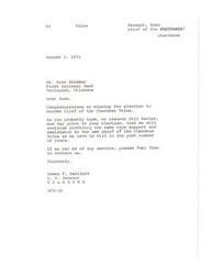 ["The document is a congratulatory letter from U.S. Senator Dewey F. Bartlett to Ross Swimmer, who won the election to become Chief of the Cherokee Tribe. Bartlett reassures Swimmer of continued support and assistance, as previously provided to the former chief, Bill Keeler. Bartlett also offers his services and contact information for any further assistance."]