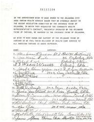 ["The document is a petition signed by various individuals who strongly object to a recent resolution submitted by the Cherokee Tribe of Oklahoma, requesting the transfer of the Community Health Representative's contract from the Delaware Tribe of Indians to the Cherokee Tribe. The signatories express their support for the Delaware Tribe, believing their delivery of health care services to American Indians is commendable."]
