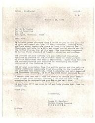 ["The document is congratulating W. W. Keeler on his retirement as Chief of the Cherokees after leading the tribe for twenty-six years. It acknowledges his efforts in improving the social and economic status of the Cherokees and expresses regret for not being able to attend his retirement dinner. The document also offers future assistance and congratulations for a job well done."]