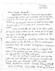 ["A group called \"Cherokees For Responsible Gout\" is requesting a meeting with Senator Bartlett to discuss important tribal matters, despite being advised not to by Mr. Bluejacket. They feel they are not getting satisfactory assistance from Tribal Administration or the B.I.A. and are requesting the Senator's cooperation on controversial matters. They are willing to meet at the Senator's convenience within the next 30 days."]