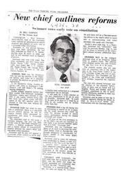 ["Ross Swimmer, the newly-elected chief of the Cherokees, outlined administrative reforms and pledged an early vote on a proposed tribal constitution. Swimmer, at 31 years old, is one of the youngest principal chiefs of an American Indian tribe. He plans to address divisions within the tribe and maintain better communication with tribal members. Swimmer also intends to make various tribal personnel appointments and appoint a 15-member tribal council. He views a trust established by the outgoing chief as a cost-saving measure for the tribe."]