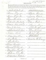 ["The document is a petition submitted by enrolled Tribal Council members of the Cheyenne & Arapaho tribes of Oklahoma, requesting that the issue of contracting under P. L. 93.638 be put to a Referendum Vote within 65 days. The petition lists the names of the council members who have signed it in accordance with specific sections of the tribal constitution."]