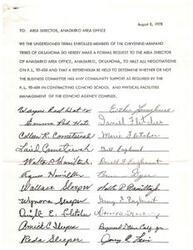 ["Tribal enrolled members of the Cheyenne-Arapaho tribes in Oklahoma are requesting the Area Director of Anadarko Area Office to halt negotiations on P.L. 93-638 and hold a referendum to determine community support for contracting Concho School and physical facilities management."]