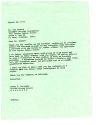 ["The document discusses concerns about problems within the Cheyenne-Arapaho Tribal Governing Body involving a contract with the Bureau of Indian Affairs for operation of the Concho Indian School. Senator Dewey Bartlett expresses his concern and states that he is in contact with the Bureau of Indian Affairs to resolve the issue. Pat Bowers, representing the Southern Baptist Convention for Concho Indian School, appeals for support in ensuring the tribe's rights are upheld and that the proper authorities address the situation."]