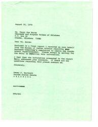 ["The document is a series of letters regarding a resolution passed by the Cheyenne-Arapaho Tribes of Oklahoma to remove the Concho School Superintendent. The Bureau of Indian Affairs conducted a review and found no basis for administrative action against the Superintendent. The documents are from Senator Dewey F. Bartlett, the Bureau of Indian Affairs, and the Tribal Chairman, discussing the resolution and requesting a response."]