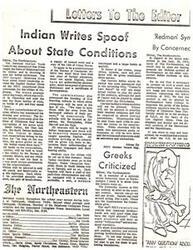 ["The National Indian Youth Council has announced that it has bought the State of Oklahoma from the whites and is opening it up for Indian settlement. They have established five boarding schools for white children to be sent to at the age of six, where they will not be allowed to practice their religions. The new commissioner of Caucasian Affairs has announced policies such as all courses being taught in Indian languages and medical care for whites being set up in various locations across the country. The fraternity system at Northeastern State College is criticized for promoting partying over brotherhood."]
