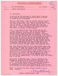 ["The document includes an inter-office correspondence regarding a letter received from Thomas J. Ellison, Acting Area Director of the Bureau of Indian Affairs in Muskogee. The document discusses the cost of obtaining a transcript of a meeting and expresses frustration with the lack of personal involvement from the BIA. It also mentions a public hearing regarding the distribution of judgment funds awarded to the Creek Tribe by the Indian Claims Commission. The correspondence acknowledges receipt of a letter from Myrtle M. Brady and thanks her for her comments. The document also includes details about the plans proposed for the distribution of the judgment funds."]