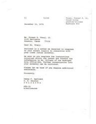 ["The document includes letters from U.S. Senator Dewey F. Bartlett to Mr. Forest R. Tracy, Jr. regarding his Creek Indian ancestry and request for a Certificate of Degree of Indian Blood. Bartlett asks Mr. Tracy to complete instructions and forward information to Mr. Ellison of the Muskogee Area Office-BIA for further investigation. Bartlett also requests Ellison to look into Tracy's blood quantum and keep him informed. The document includes details about the process for determining Indian blood quantum and the necessary documentation required."]