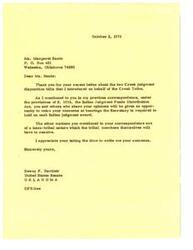 ["Ms. Sands received a response from Senator Bartlett regarding the two Creek judgment disposition bills she inquired about. He mentioned that there will be opportunities for concerns to be addressed at hearings and that intra-tribal matters will need to be resolved by tribal members. Senator Bartlett thanked Ms. Sands for expressing her concerns."]