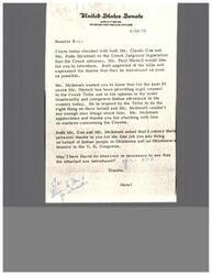 ["The document is a letter from the United States Senate Committee on Interior and Insular Affairs regarding the introduction of a bill to provide for the disposition of funds appropriated to pay a judgment in favor of the Creek Indians. The bill includes provisions for adding names of eligible individuals to the roll, distributing funds between Creek Indians in Oklahoma and east of the Mississippi, and ensuring equal distribution to enrollees. The document expresses support for the bill from legal counsel for the Creek Tribe and thanks the Senator for his work on behalf of Indian people in Oklahoma."]