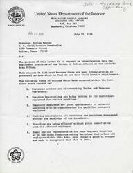 ["The Federal Women's Committee at the Anadarko Area Office of the Bureau of Indian Affairs is requesting an investigation into employment practices that they believe do not meet Civil Service requirements. They cite irregularities such as circumventing Indian and Veterans Preference, rewriting position descriptions to fit preferred individuals, and transferring employees without consultation. They feel that employee morale has been negatively affected and are seeking a fair and unbiased hearing to address these issues."]