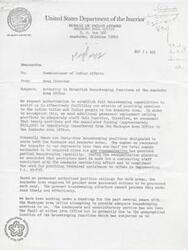 ["The Anadarko Area Office of the Bureau of Indian Affairs is requesting authorization to establish full housekeeping capabilities in order to better serve the Indian tribes and people in the area. They are asking for twenty positions and associated funding to be transferred from the Muskogee Area Office. This change is necessary due to an increase in contracting and the implementation of Pubic Law   93-638. The Anadarko Area has been working under a handicap with inadequate housekeeping services provided by the Muskogee Area Office, and establishing their own capabilities is seen as necessary to improve efficiency and effectiveness."]