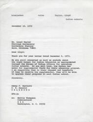 ["The document is from Lloyd Taylor to Senator Dewey Bartlett discussing concerns about the tight budget for Indian education and the lack of explanation for why funding for Indian schools was not increased. Taylor questions the priorities of the government and the lack of resources for home economics programs at Riverside Indian School. He also questions why the administration is not prioritizing the education of minority group children and criticizes the allocation of funds for events like the Grand National Quail Hunt. Taylor urges the Senator to address these issues and consider the humanitarian concern for all individuals to have access to educational benefits."]