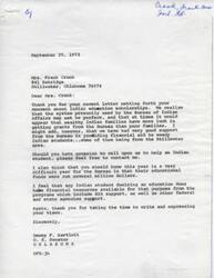["The document is a response to Mrs. Frank Cronk's concerns about Indian education scholarships. The Senator acknowledges that the system may not be perfect and that wealthy Indian families may have more luck in getting grants. However, he mentions that the Bureau of Indian Affairs has provided financial aid to needy Indian students, including some from the Stillwater area. He also mentions that the Bureau's educational funds were cut and that there are other financial resources available for Indian students. Mrs. Cronk questions why wealthy families are receiving scholarships while needy children are being turned down, and expresses concern about the fairness of the program."]