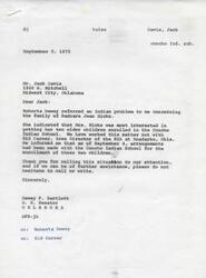 ["Barbara Jean Hicks, an Indian woman with full-blooded parents, is seeking assistance in enrolling her two older children in the Concho Indian School. United States Senator Dewey F. Bartlett has worked with the BIA to arrange for the enrollment of the children. Hicks also needs help clothing her younger child. The issue was brought to Senator Bartlett's attention by Roberta Dewey, and Jack Davis of the Midwest City police department is assisting Hicks. The situation has been resolved with the help of Sid Carney, Area Director of the BIA."]