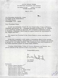 ["The United Indian Tribes of Western Oklahoma and Kansas sent a letter to President Nixon on May 4, 1973, expressing their opposition to the Impact Aid Bill, which would reduce funding for Indian reservation schools. They requested the President to cancel the bill as it would negatively impact the education of Indian children. The document included Resolution No. 17, adopted at a meeting on April 28, 1973, supporting the cancellation of the bill. The resolution highlighted the importance of the impact aid funds for Indian populated schools and urged the President to reconsider the proposed revisions to the bill. The document was signed by Lee Motah, President of the United Indian Tribes of Western Oklahoma and Kansas."]