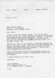 ["Deborah Jumper, a 1973 graduate of United States Grant, is seeking financial assistance to pursue a laboratory technicians course in Oklahoma City. She is looking for information on funding sources and the accreditation of the American College of Health and Business Careers. She is 3/4 Cherokee Indian and is unable to afford the expenses on her own. Don Bluejacket, a field representative to United States Senator Dewey F. Bartlett, is willing to help but needs more specific information on the total amount needed and breakdown of costs."]