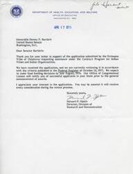 ["Senator Dewey F. Bartlett wrote to the Department of Health, Education, and Welfare in support of the Kickapoo Tribe of Oklahoma's application for funding for a vocational-technical education program. The tribe is aiming to break the cycle of employment instability and poverty within their community. The Department assured Senator Bartlett that the application will be reviewed and final funding decisions will be made by late August, with successful applicants being notified beforehand. Senator Bartlett requested fair and equitable consideration for the tribe's application."]