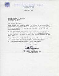 ["Senator Dewey F. Bartlett wrote to the Office of Indian Education in support of the Kickapoo Tribe of Oklahoma's application for funding under the Indian Education Act. The Deputy Commissioner for Indian Education, Gerald E. Gipp, acknowledged the letter and assured that the application would receive fair consideration. Funding decisions were expected to be made by late April 1978."]