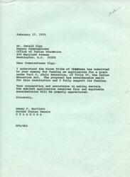 ["The document is a series of letters regarding the Kiowa Tribe of Oklahoma's application for funding under Part C, Adult Education, of Title IV, the Indian Education Act. Senator Dewey F. Bartlett expresses support for the funding application and requests fair consideration from the Office of Indian Education. The Kiowa Tribal Administrator, Bobby Cannon, also seeks support from Senator Bellmon and expresses concern about the distribution of grants under the Indian Education Act."]