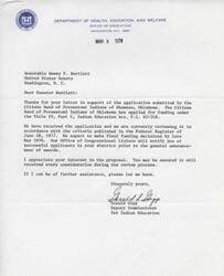 ["Senator Dewey F. Bartlett wrote a letter in support of the Citizen Band of Potawatomi Indians of Shawnee, Oklahoma, who had applied for funding under the Indian Education Act. The Deputy Commissioner for Indian Education, Gerald Gipp, thanked Senator Bartlett for his support and assured him that the application would receive fair consideration during the review process. Final funding decisions were expected to be made by late May 1978, and successful applicants would be notified prior to the general announcement of awards."]