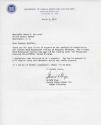 ["A  series of letters regarding funding applications submitted by the Citizen Band Potawatomi Indians of Shawnee, Oklahoma for various educational programs. Senator Dewey Bartlett expressed his support for the funding applications and requested fair consideration for them. The documents show collaboration and advocacy for educational opportunities for the Native American community."]