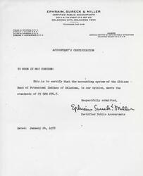 ["A certification from Ephraim, Sureck & Miller Certified Public Accountants stating that the accounting system of the Citizen Band of Potawatomi Indians of Oklahoma meets certain standards. The certification was issued on January 24, 1978."]