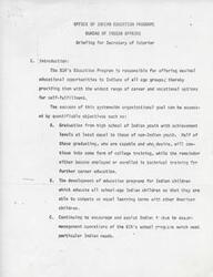 ["The Office of Indian Education Programs within the Bureau of Indian Affairs is responsible for providing educational opportunities to Indian youth and adults in Bureau, public, or private schools. The program aims to improve the quality of education for Indian children by setting goals for self-understanding, basic human skills, positive attitudes towards learning, and more. The program operates in 16 states and has a budget of $221 million for Fiscal Year 1975. The organization is structured with different divisions responsible for various functions such as professional relations and internal services. The program aims to create a positive image of the Bureau as an effective and dynamic educational agent and hopes to serve as a model for working with economically disadvantaged and culturally diverse groups."]