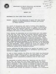 ["The document discusses a memorandum from the Department of Health, Education, and Welfare regarding record-keeping on student-discipline procedures in school districts. It addresses concerns and difficulties faced by school officials in complying with the memorandum, and outlines the types of documents that should be maintained. The document also mentions changes to timeframes and racial/ethnic designations, and encourages a dialogue with state agencies to discuss alternate approaches to record-keeping. It states that new record-keeping requirements will not be mandated until the 1976-77 school year."]