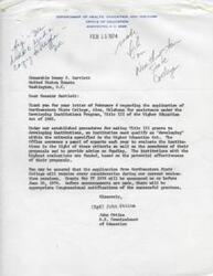["Senator Bartlett received a letter from Northwestern State College in Alva, Oklahoma requesting support under Title III Programs for their Indian Studies Program. The program aims to address the high dropout rate among Indian students and provide relevant education and leadership training. The college has developed a curriculum and sought resources to support the program, including recruiting and counseling Indian students. They have also outlined their budget needs and requested assistance from Senator Bartlett's office."]